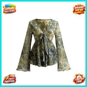 Sheer Mesh Bell Sleeve Blouse Tie Front Peplum Ruffle V Neck Top